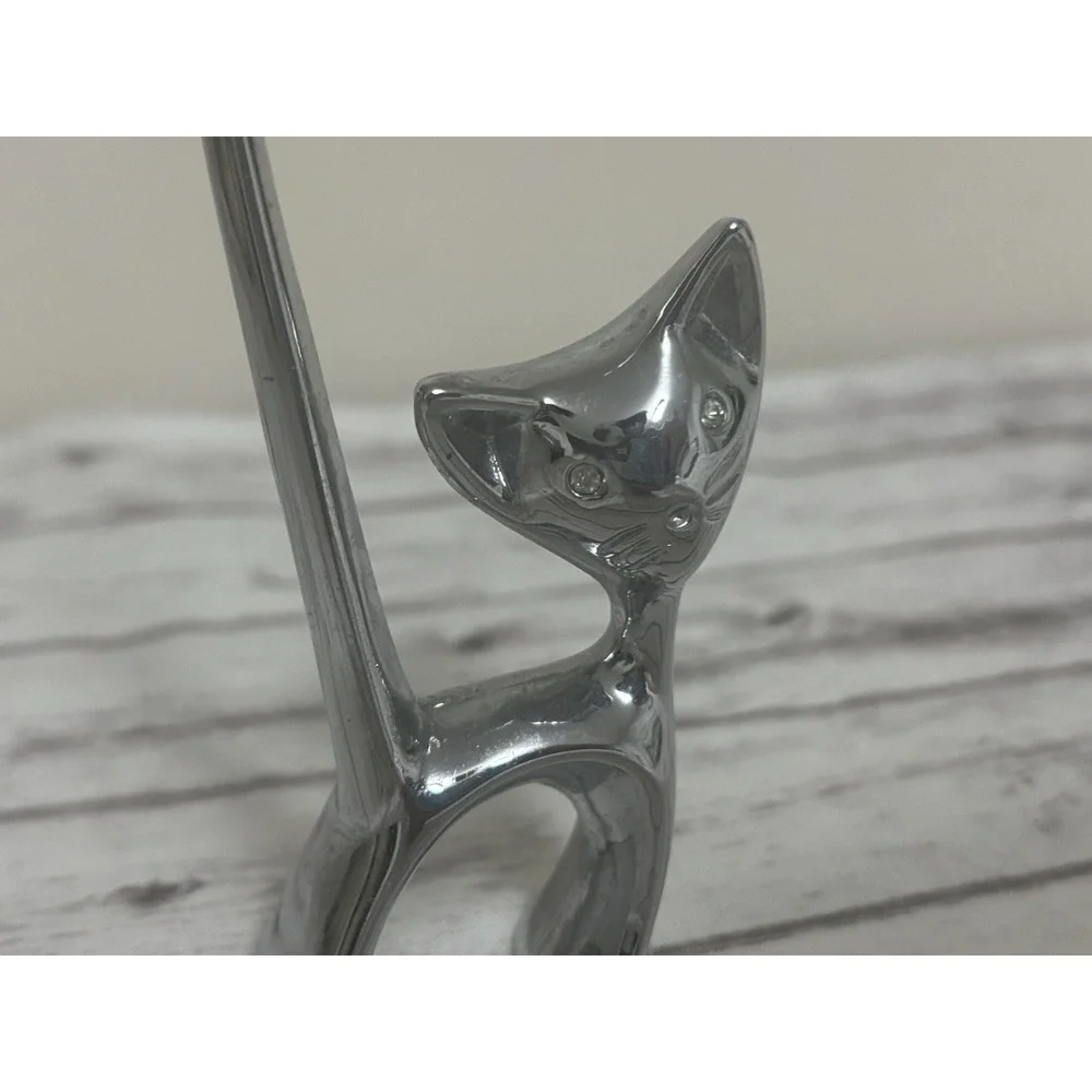 Vintage MCM Metal Silver Tone Kitty Cat Ring Holder Rhinestone Eyes Long Tail